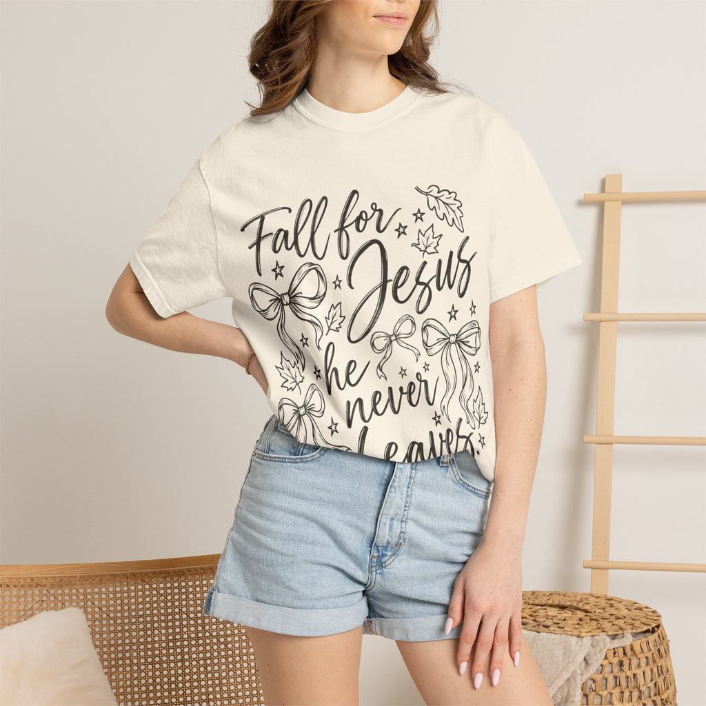 Fall For Jesus He Never Leaves T-Shirt — Christian Fall Tee