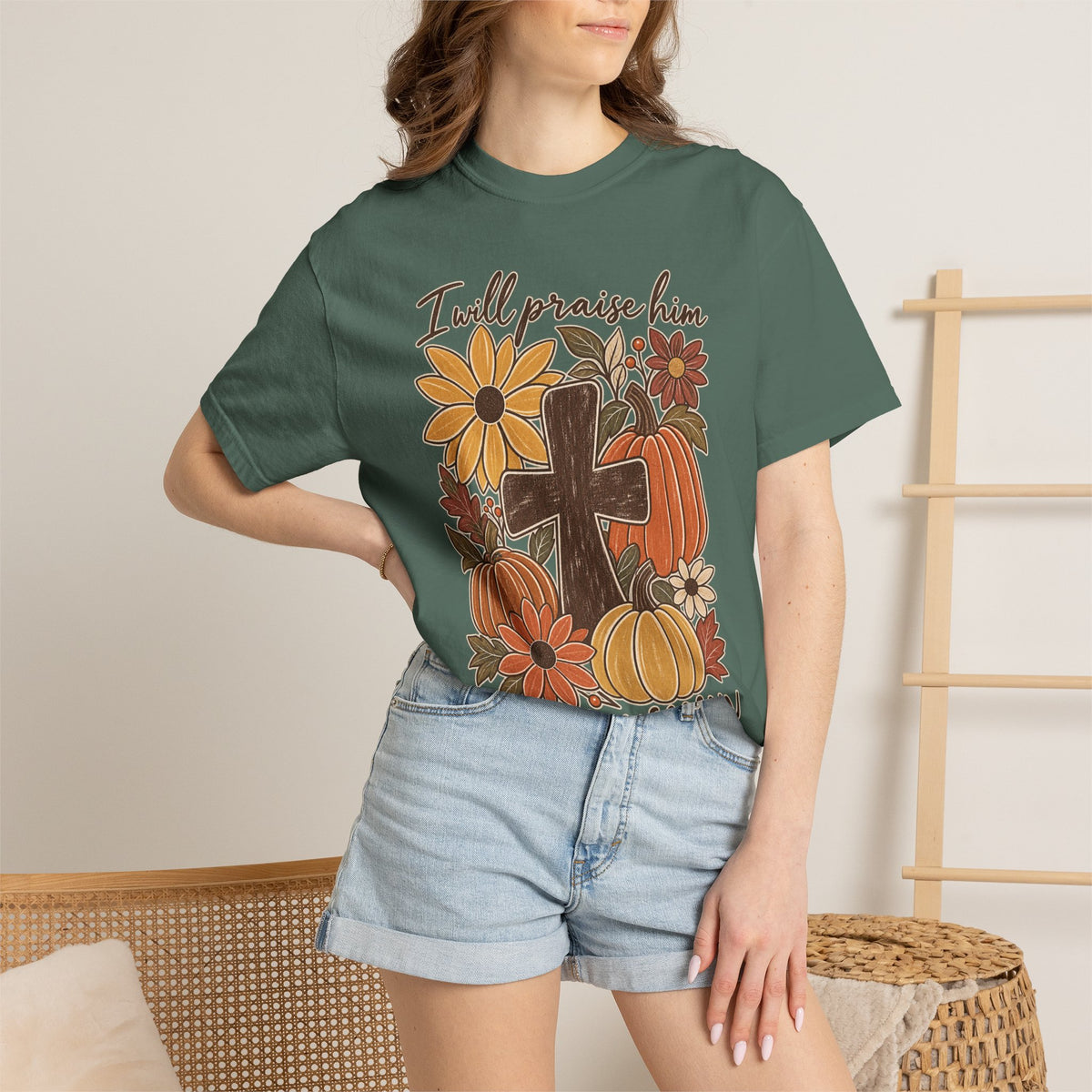 Faithful Seasons T-Shirt — "I Will Praise Him in Every Season" Autumn Cross Tee
