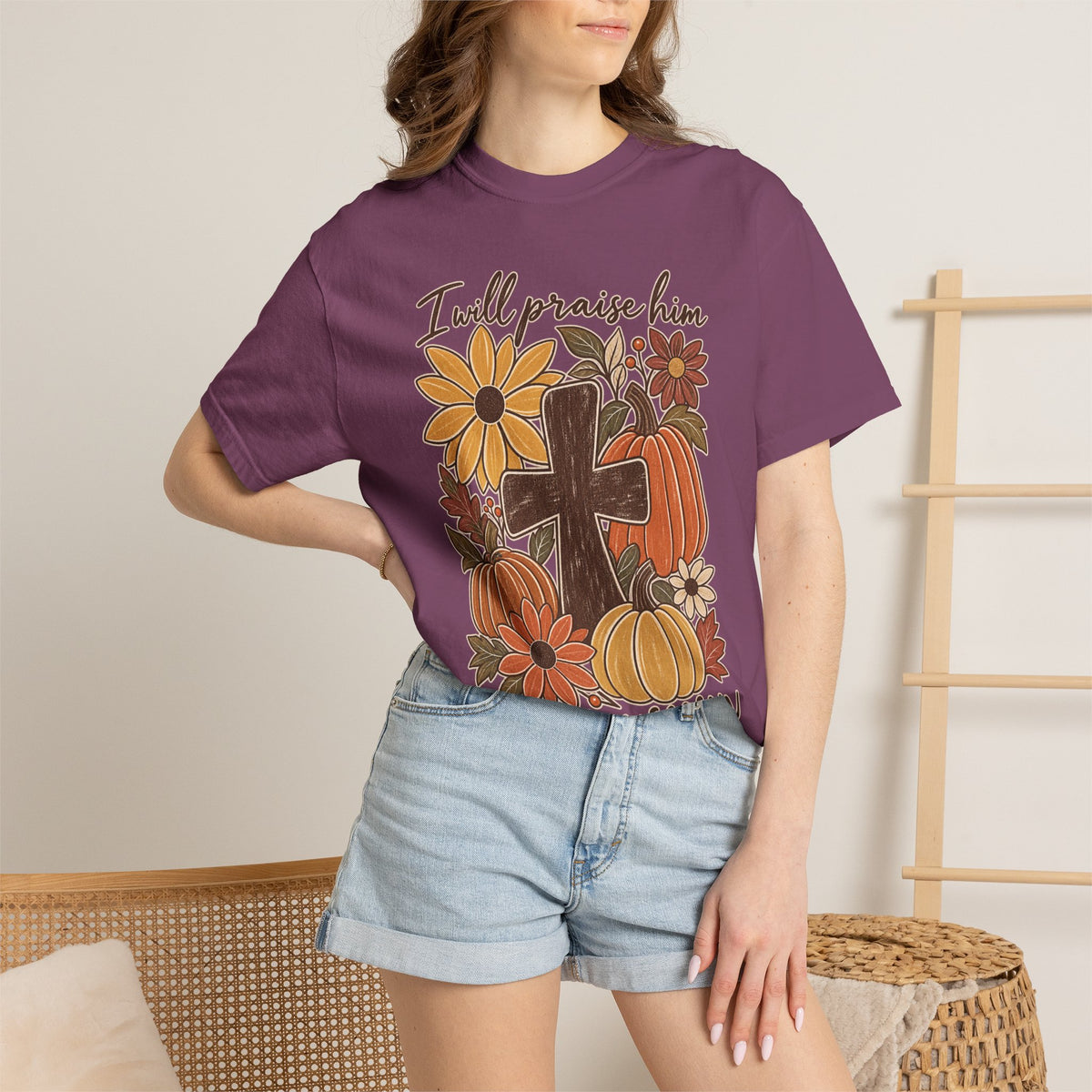 Faithful Seasons T-Shirt — "I Will Praise Him in Every Season" Autumn Cross Tee