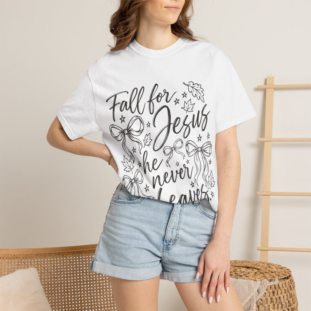 Fall For Jesus He Never Leaves T-Shirt — Christian Fall Tee