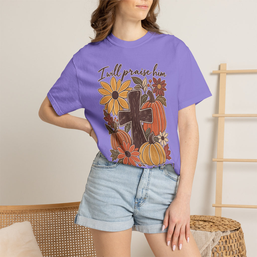 Faithful Seasons T-Shirt — "I Will Praise Him in Every Season" Autumn Cross Tee