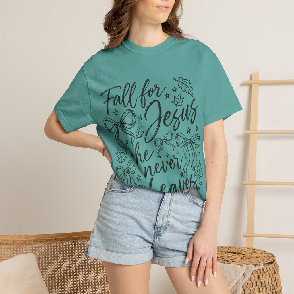 Fall For Jesus He Never Leaves T-Shirt — Christian Fall Tee