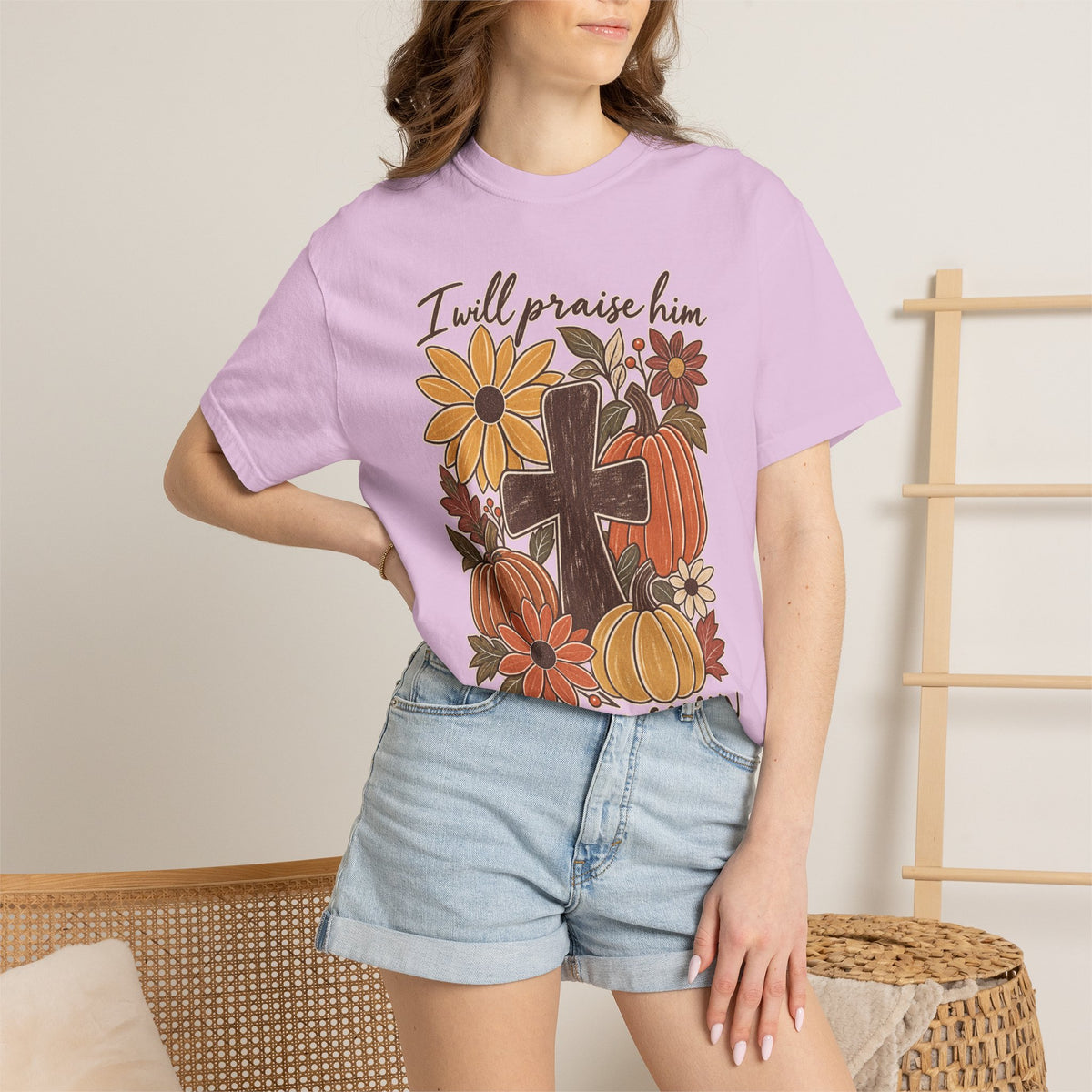 Faithful Seasons T-Shirt — "I Will Praise Him in Every Season" Autumn Cross Tee