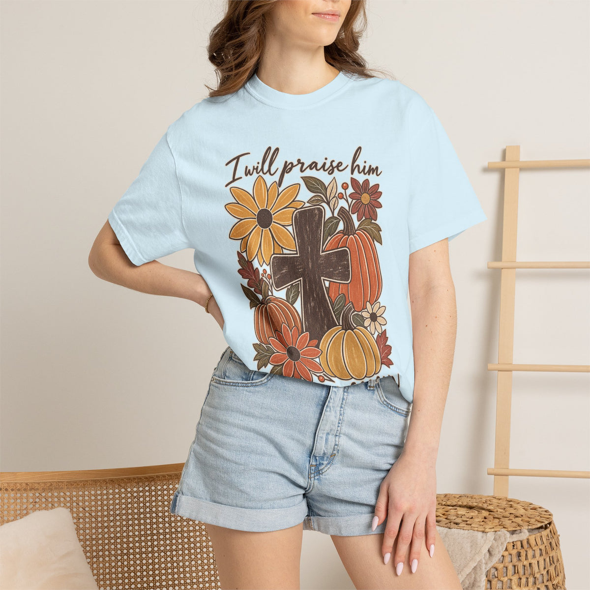 Faithful Seasons T-Shirt — "I Will Praise Him in Every Season" Autumn Cross Tee