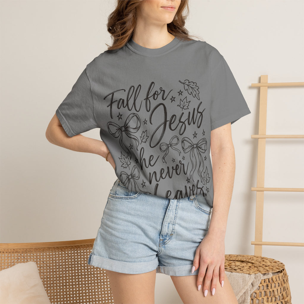 Fall For Jesus He Never Leaves T-Shirt — Christian Fall Tee