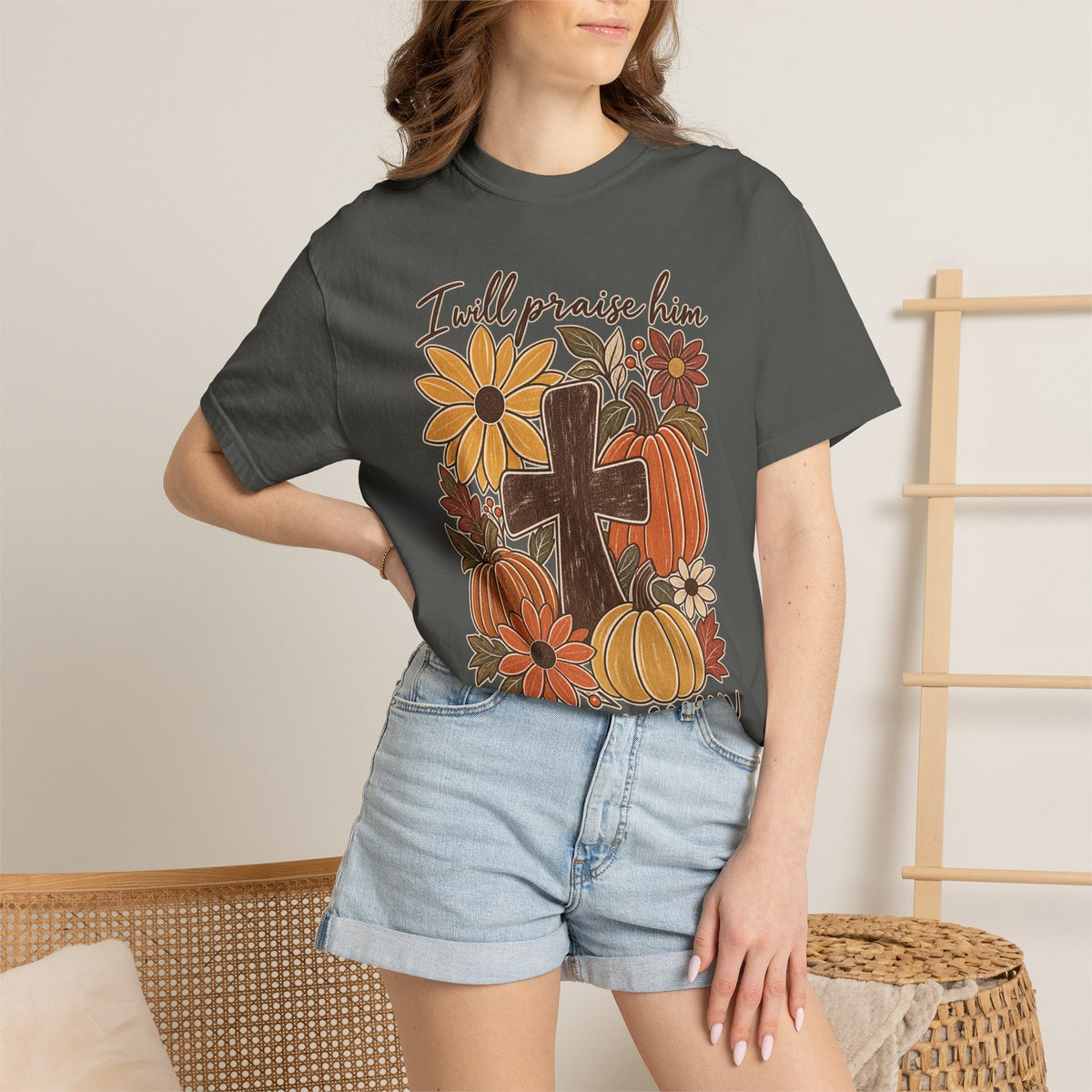 Faithful Seasons T-Shirt — "I Will Praise Him in Every Season" Autumn Cross Tee