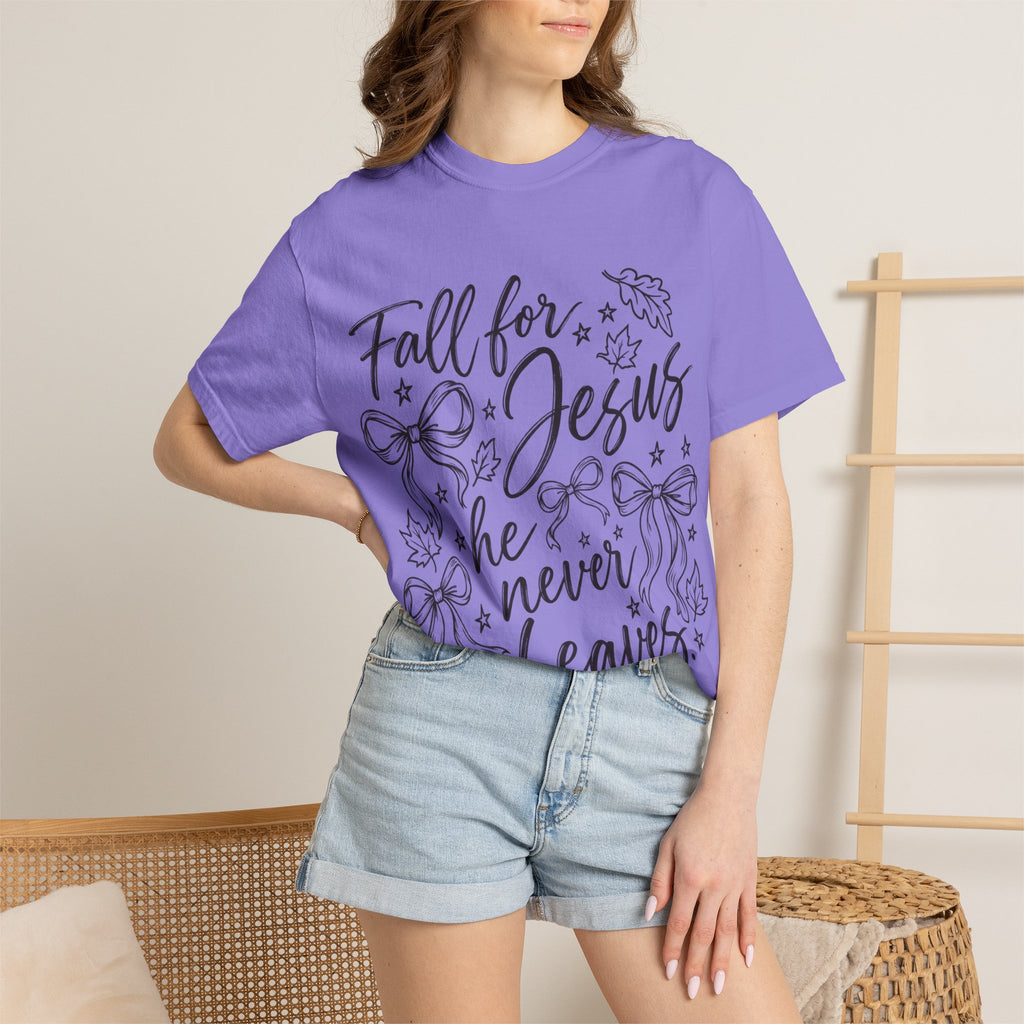 Fall For Jesus He Never Leaves T-Shirt — Christian Fall Tee