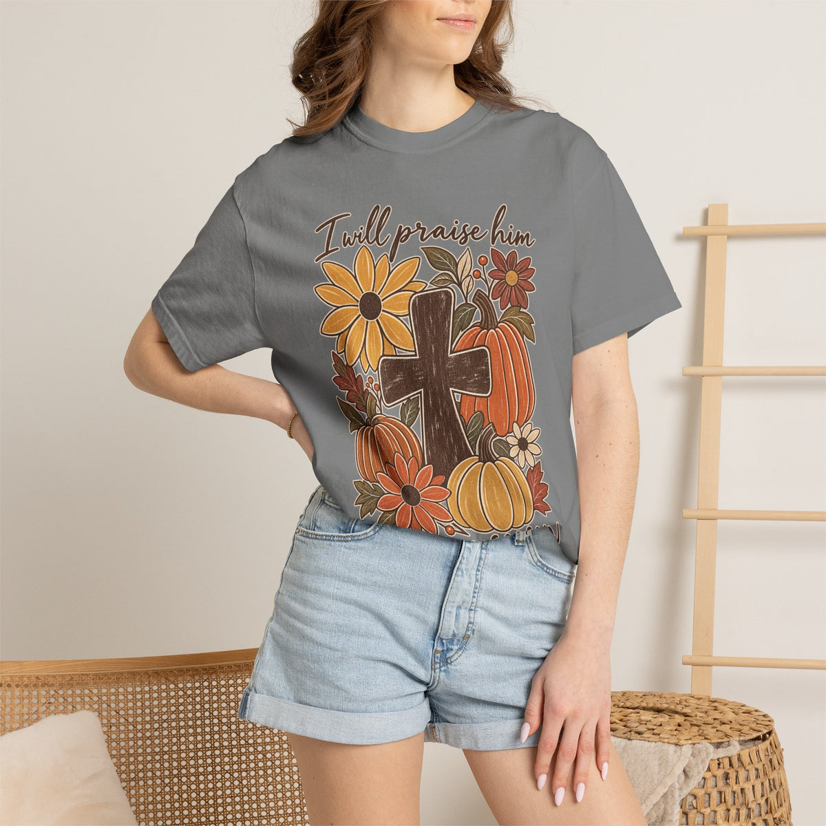 Faithful Seasons T-Shirt — "I Will Praise Him in Every Season" Autumn Cross Tee
