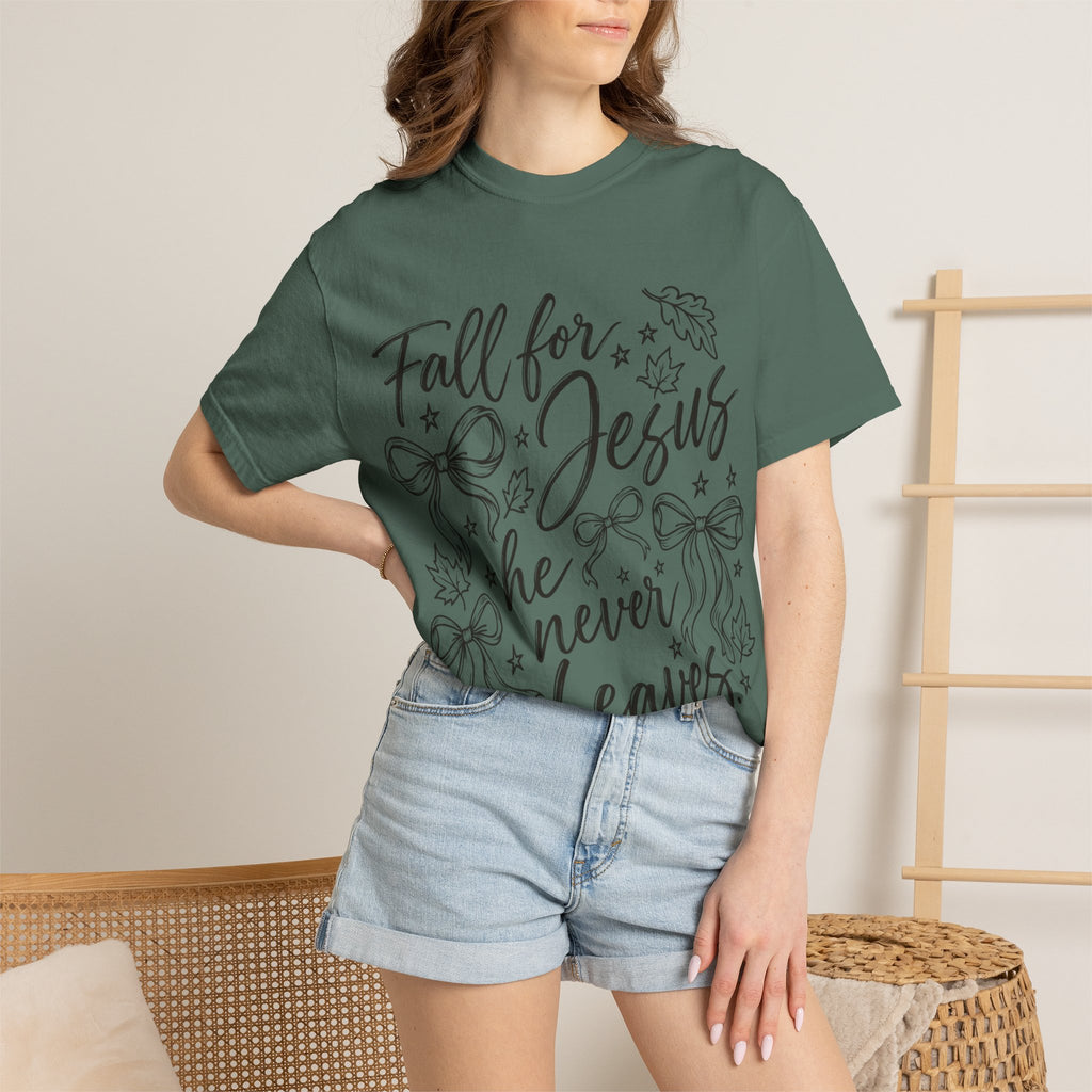 Fall For Jesus He Never Leaves T-Shirt — Christian Fall Tee