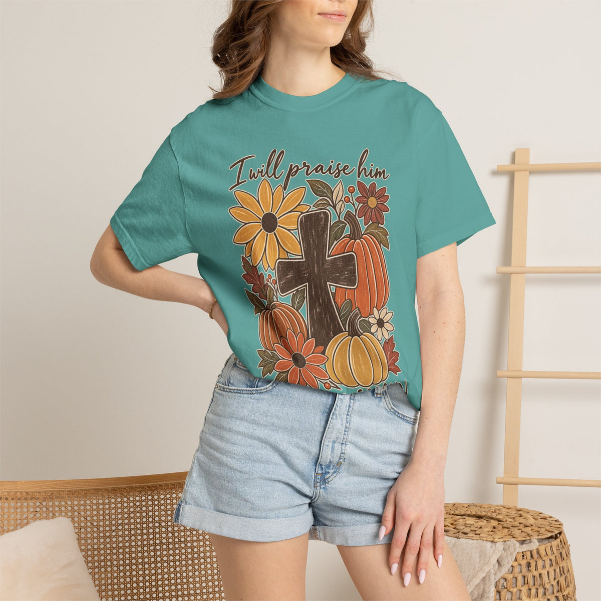 Faithful Seasons T-Shirt — "I Will Praise Him in Every Season" Autumn Cross Tee