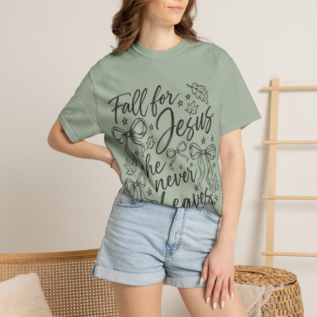 Fall For Jesus He Never Leaves T-Shirt — Christian Fall Tee