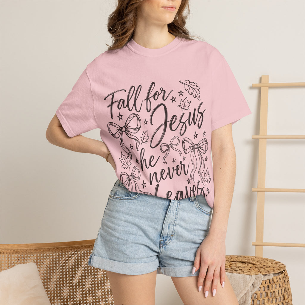 Fall For Jesus He Never Leaves T-Shirt — Christian Fall Tee